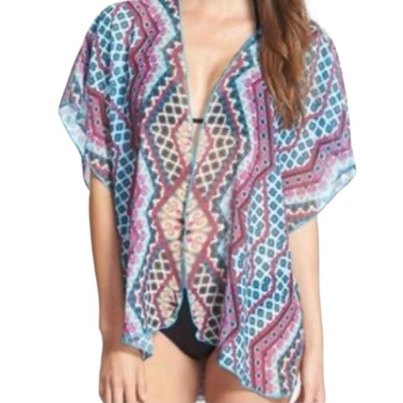 Becca Cover Up Women XS Blue‎ Purple Geometric Print Sheer Open Swim Beach - Picture 1 of 8